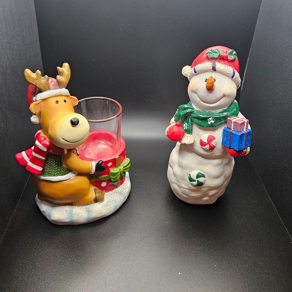 Christmas Snowman Figurine & Reindeer‎ Tealight Holder Set Holiday Decor